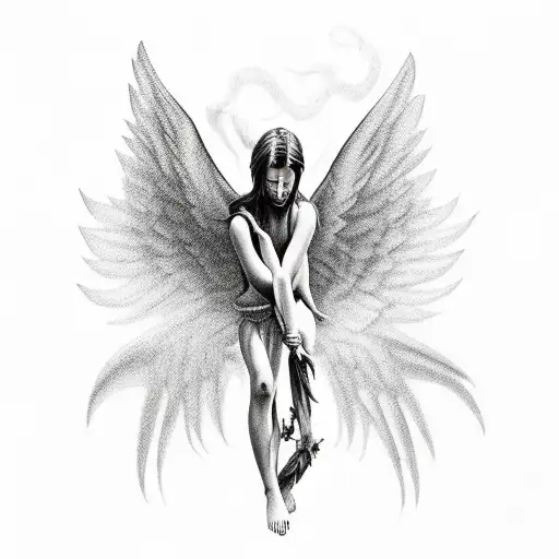 fallen angel, in the valley of darkness, repent, regret, with heads down, on his knees, you can see only the shadow, tattoo design idea