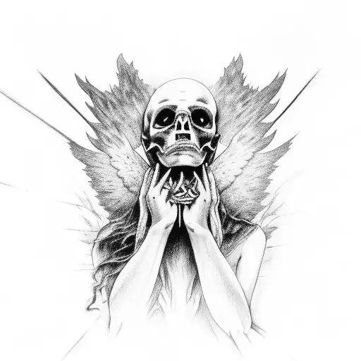 fallen angel, in the valley of darkness, repent, regret, with heads down, on his knees, you can see only the shadow, tattoo design idea