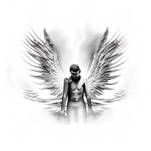 fallen angel, in the valley of darkness, repent, regret, with heads down, on his knees, you can see only the shadow, tattoo design idea