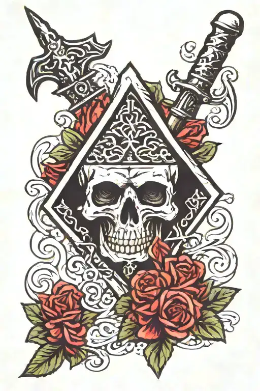 ace of spades, lamb of god flag, knife, wolf tattoo design idea