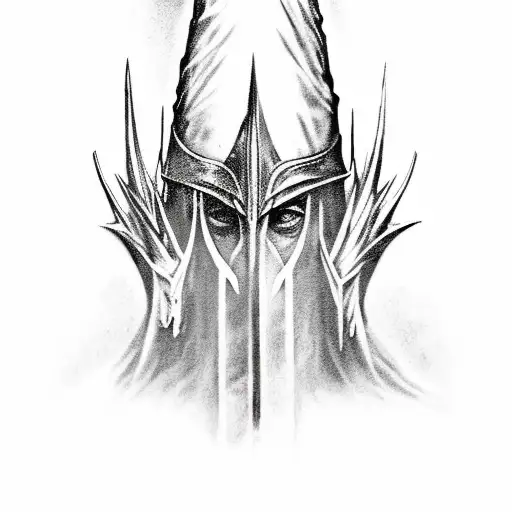LOTR Witch King of Angmar close up, vertical tatto, black and white tattoo design idea