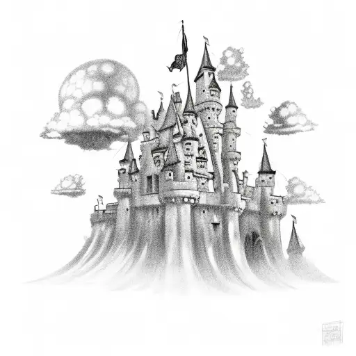 castle with fairytale elements and clouds tattoo design idea