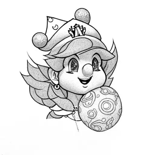 A dotwork tattoo of Princess Peach from Super Mario Bros with a vine-themed background tattoo design idea