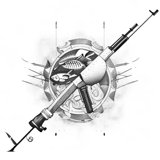 A minimalist tattoo of a hunting rifle blended with a fishing rod, symbolizing your love for both hunting and fishing. tattoo design idea
