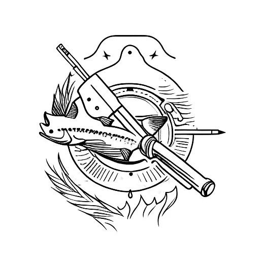 A minimalist tattoo of a hunting rifle blended with a fishing rod, symbolizing your love for both hunting and fishing. tattoo design idea