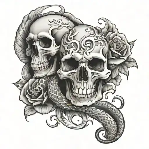 skulls with roses and flames and a snake coiled tattoo design idea