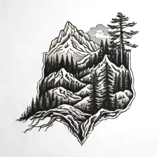 blue ridge mountains panorama forest with animals tattoo design idea