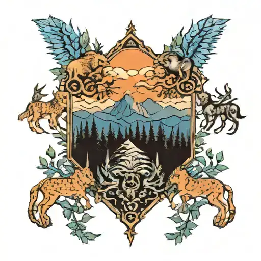 blue ridge mountains panorama forest with animals tattoo design idea