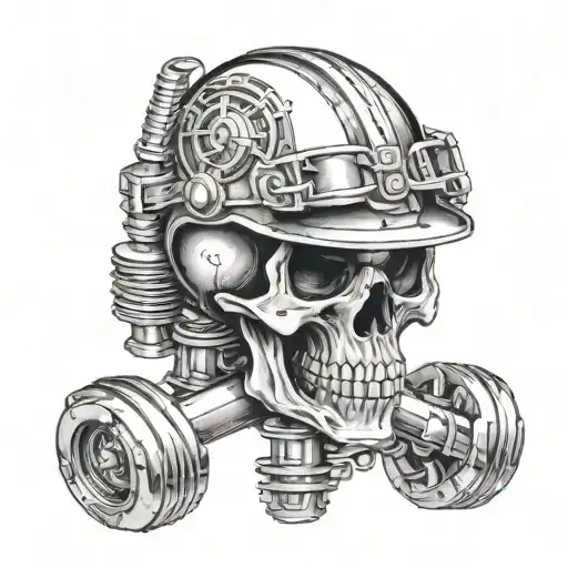 skull wearing helmet and crossing pistons intertwined tattoo design idea