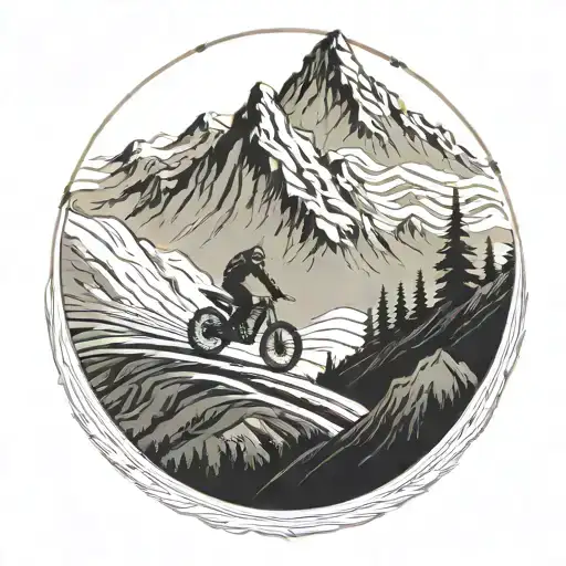 A trail of tire tracks leading to a mountain peak with a dirtbike at the summit tattoo design idea