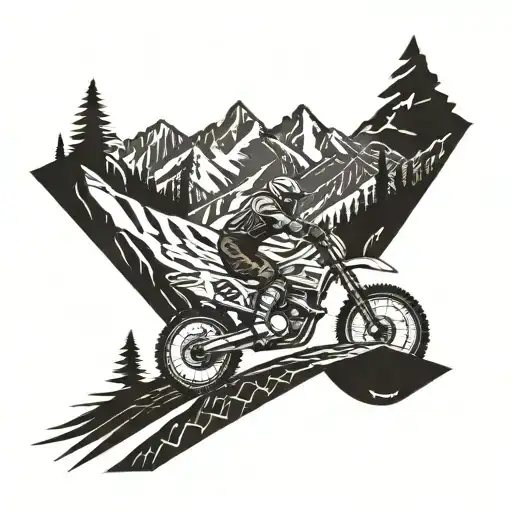 A trail of tire tracks leading to a mountain peak with a dirtbike at the summit tattoo design idea