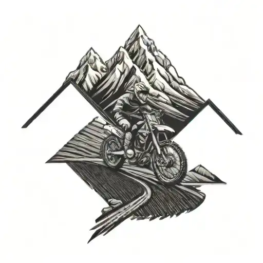 A trail of tire tracks leading to a mountain peak with a dirtbike at the summit tattoo design idea