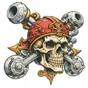 skull wearing helmet and crossing pistons like crossbones floating tattoo design idea