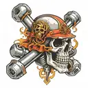 skull wearing helmet and crossing pistons like crossbones floating tattoo design idea