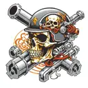 skull wearing helmet and crossing pistons like crossbones floating tattoo design idea