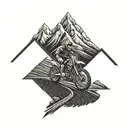 A trail of tire tracks leading to a mountain peak with a dirtbike at the summit tattoo design idea