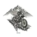 A trail of tire tracks leading to a mountain peak with a dirtbike at the summit tattoo design idea