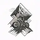 A trail of tire tracks leading to a mountain peak with a dirtbike at the summit tattoo design idea