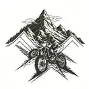 A trail of tire tracks leading to a mountain peak with a dirtbike at the summit tattoo design idea