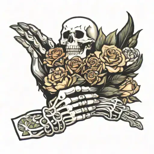 stick figure skeleton hand holding a bouquet tattoo design idea