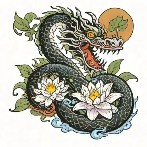 Chinese dragon with water lily tattoo design idea