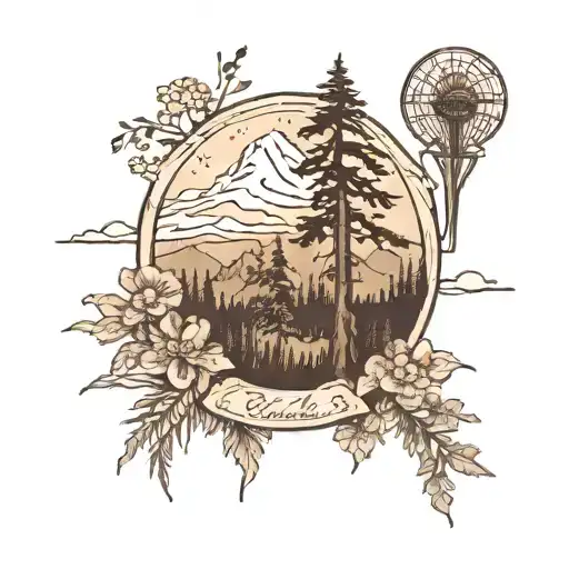 An outline of Mount Rainier, a pine tree, wild flowers, and the space needle  tattoo design idea