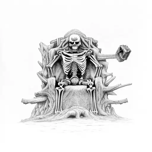 odin's skeleton sitting on a throne,  holding an uprooted tree clenched in his fist tattoo design idea
