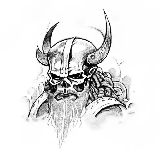 skeletal viking with glowing eyes,  sitting on a throne,  holding an uprooted tree clenched in his fist tattoo design idea