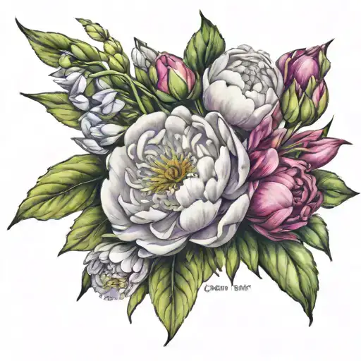 birth flowers bouquet, peony with name Samantha, mum with name Oliver, snow drop with name Emily  flower stems in order  tattoo design idea