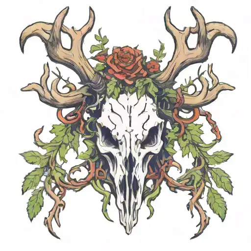 Elk skull with wide antlers 8 points on each side with moss and vines hanging off of them with the seven devils mountain tattoo design idea