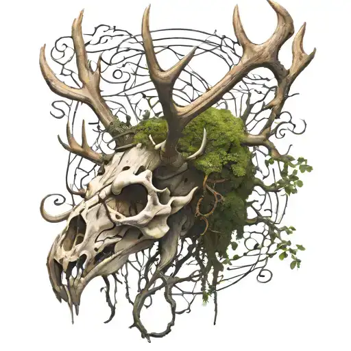 Elk skull with wide antlers 8 points on each side with moss and vines hanging off of them with the seven devils mountain tattoo design idea