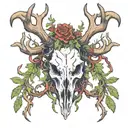 Elk skull with wide antlers 8 points on each side with moss and vines hanging off of them with the seven devils mountain tattoo design idea
