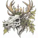 Elk skull with wide antlers 8 points on each side with moss and vines hanging off of them with the seven devils mountain tattoo design idea