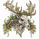 Elk skull with wide antlers 8 points on each side with moss and vines hanging off of them with the seven devils mountain tattoo design idea