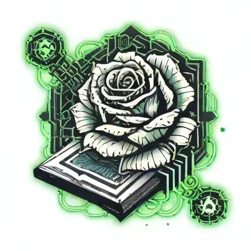 crystal rose coming out of an open book surrounded by motherboard wires tattoo design idea