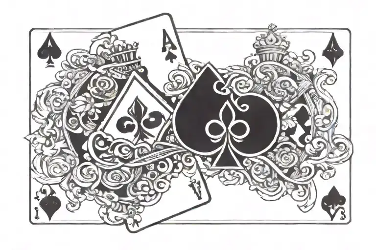 7 of clubs and 2 of spades next to king of hearts and ace of hearts with revolvers intersecting over top of the cards  tattoo design idea