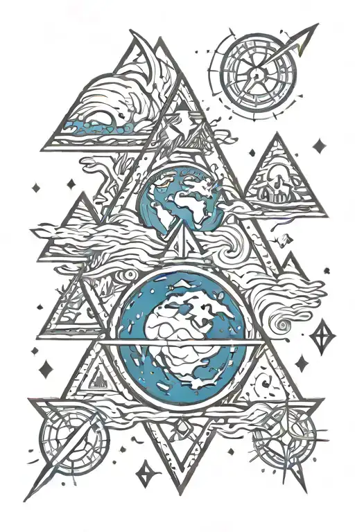 earth, water, air, and fire each in individual triangles stacked down from each other with arrows and stars tattoo design idea