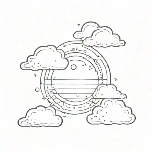 A round tattoo. Half a sun on the left. A rain cloud on the top right. Rain on the bottom right. tattoo design idea