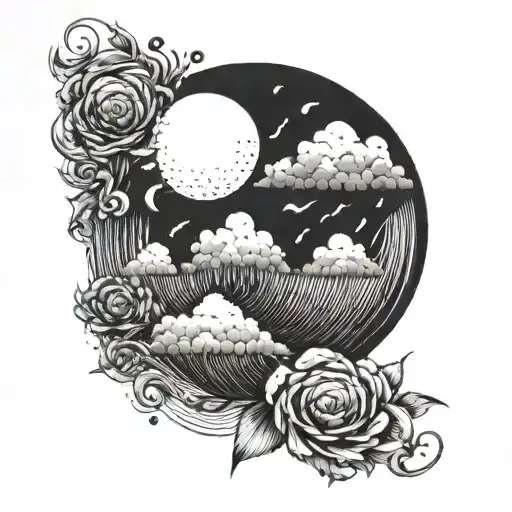 A round tattoo. On the left side a half sun. Top right a rain cloud. Bottom right rain. tattoo design idea