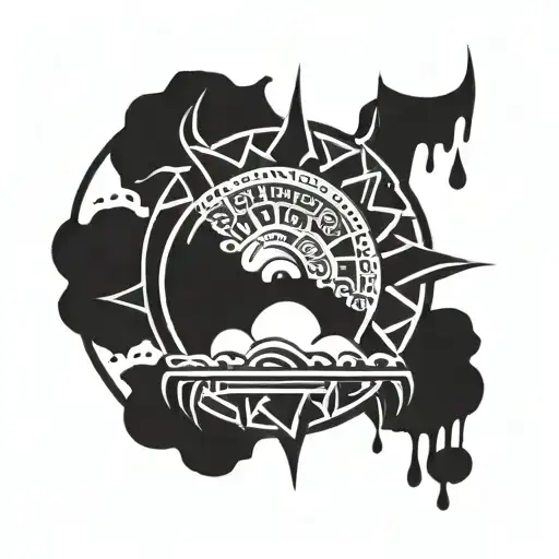 A round tattoo. Half a sun on the left, a rain cloud on the top right and rain on the bottom right. tattoo design idea