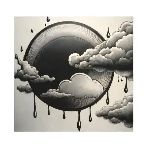 A round tattoo. Half a sun on the left. A rain cloud on the top right. Rain on the bottom right. tattoo design idea