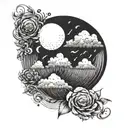A round tattoo. On the left side a half sun. Top right a rain cloud. Bottom right rain. tattoo design idea