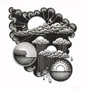 A round tattoo. On the left side a half sun. Top right a rain cloud. Bottom right rain. tattoo design idea
