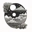 A round tattoo. On the left side a half sun. Top right a rain cloud. Bottom right rain. tattoo design idea