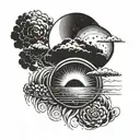 A round tattoo. On the left side a half sun. Top right a rain cloud. Bottom right rain. tattoo design idea