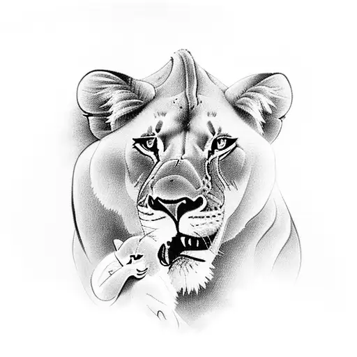 lioness with 2 cubs and a big lion on background tattoo design idea