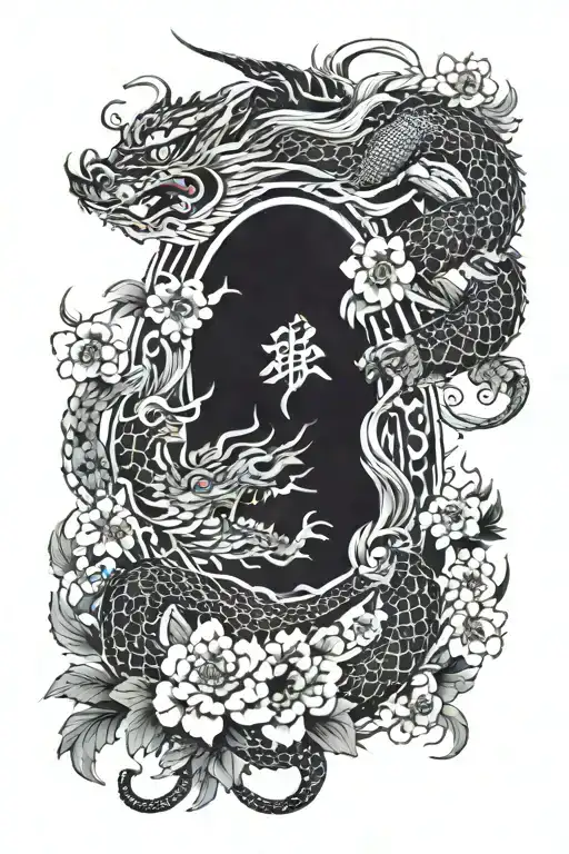 asian dragon and flowers and tigers tattoo design idea