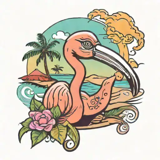 a cartoon flamingo smoking a blunt with tatoos onthe beach by the B & T hotel 420 friendly tattoo design idea