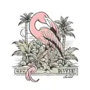 a flamingo smoking a blunt infront of the B & T hotel on the beach giving the finger smiliing with caption saying byeeee tattoo design idea