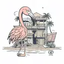 a flamingo smoking a blunt infront of the B & T hotel on the beach giving the finger smiliing with caption saying byeeee tattoo design idea